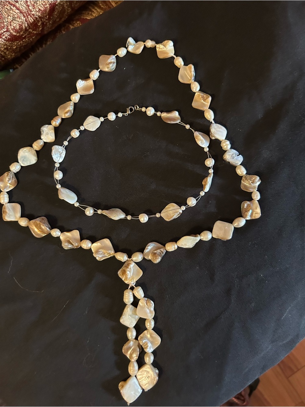 2x Cultured Pearl and Mother-of-Pearl Y-Drop Necklace Set - choker Champagne